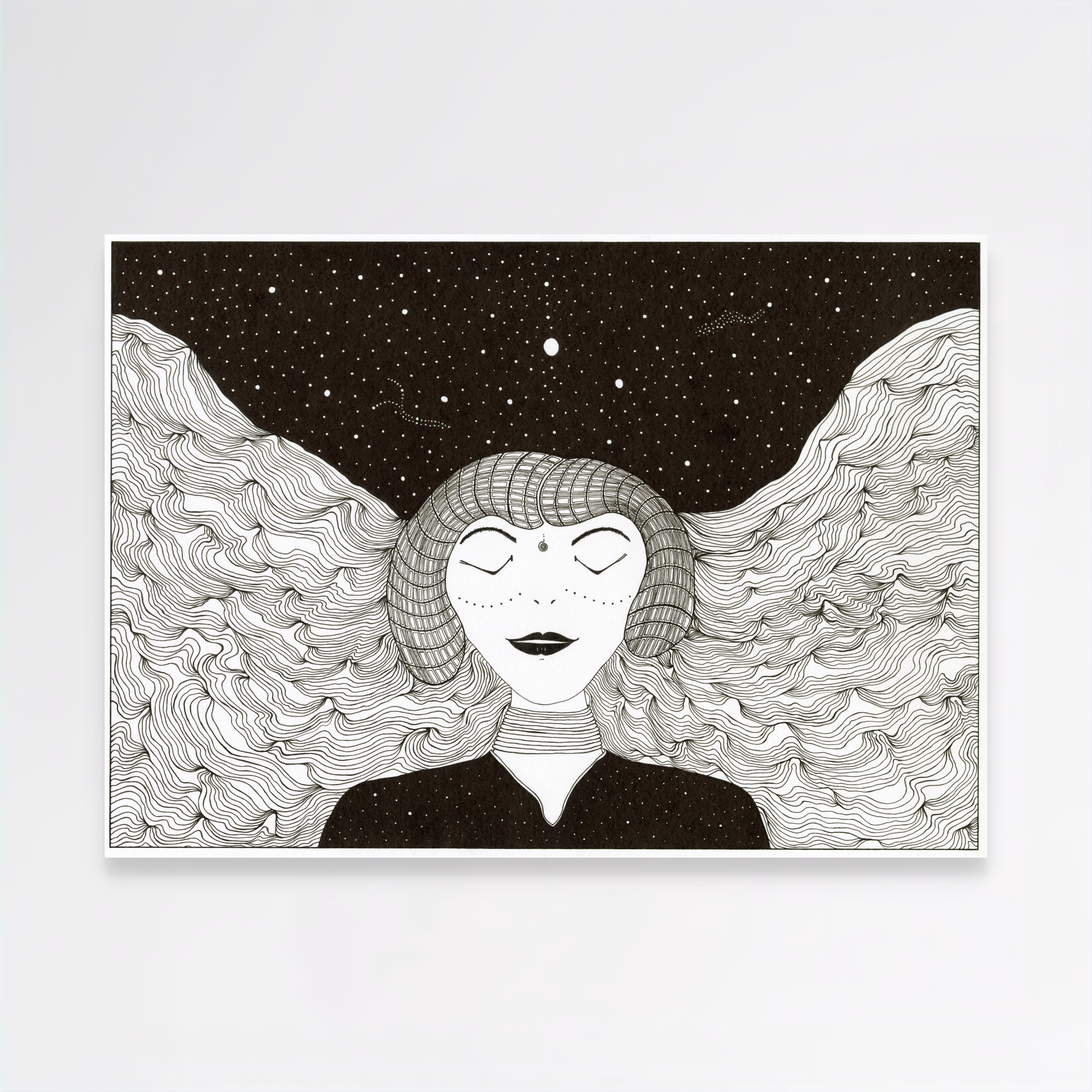 Cosmic Girl And The Night Sky – Open Edition Archival Monochrome Dreamy Ink Print