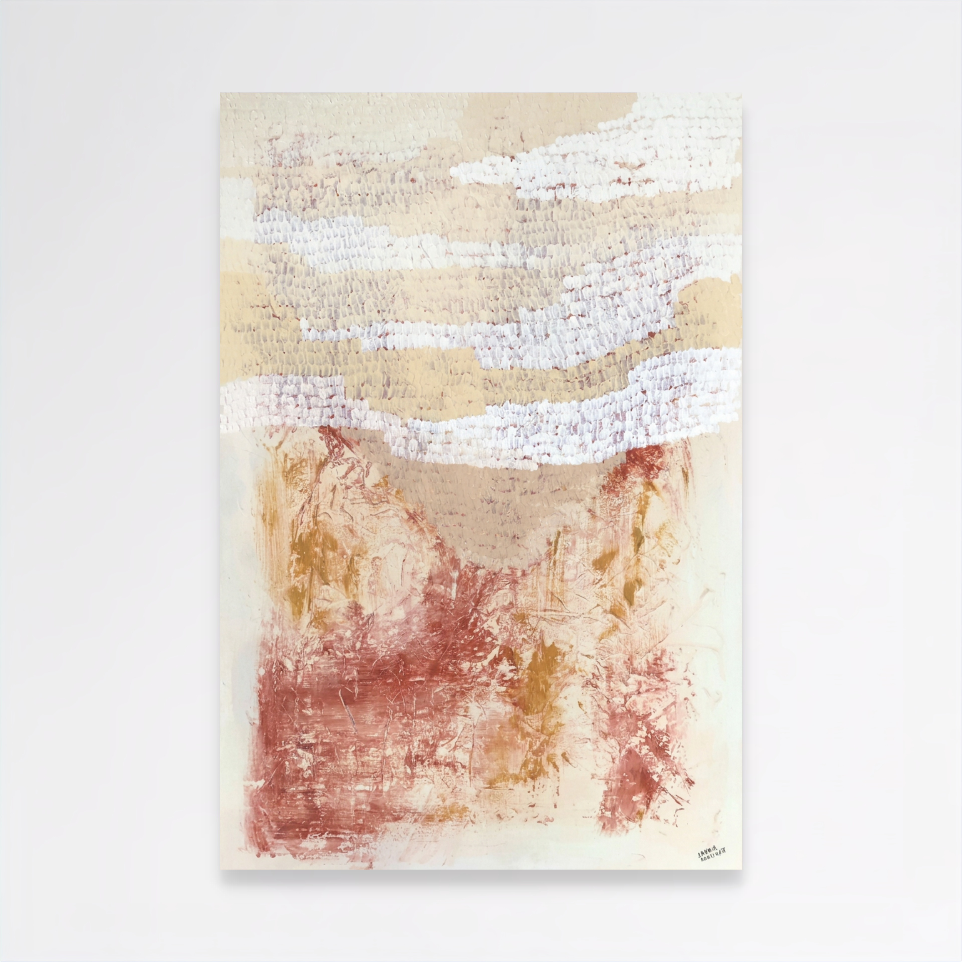 An abstract canvas painting featuring textured horizontal bands of white, beige, and terracotta red with gold accents, displayed against a clean white wall.