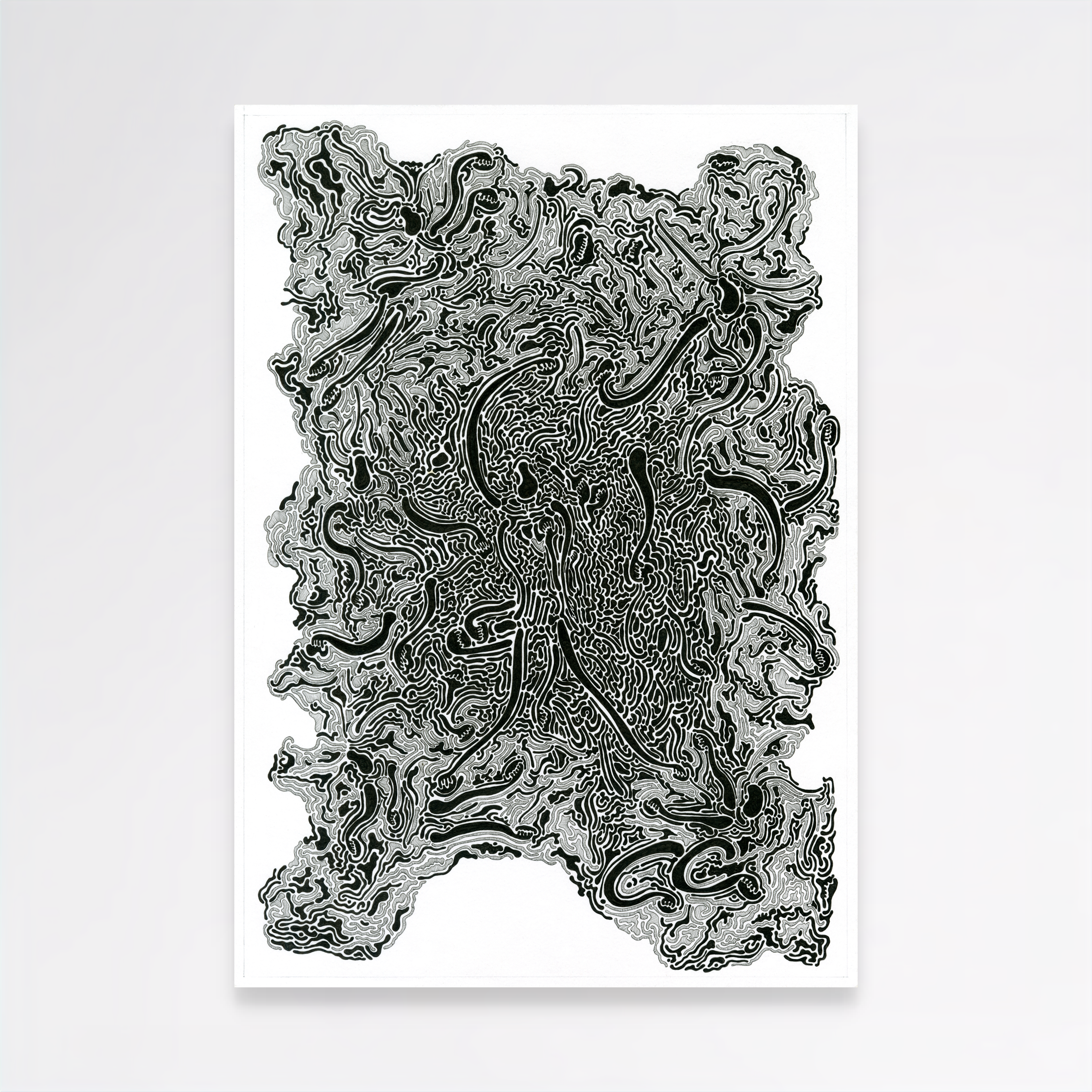 An abstract black and white art print featuring a complex, organic, snake-like pattern on a white background, displayed against a light gray wall.